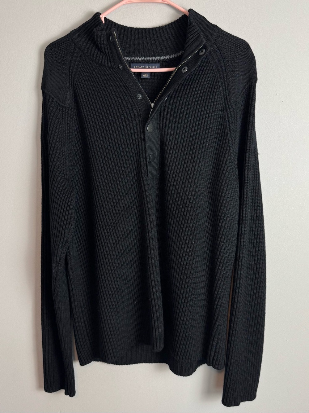 Banana Republic 100% Wool Black Fisherman’s Knit Quarter Zip Sweater Size Large